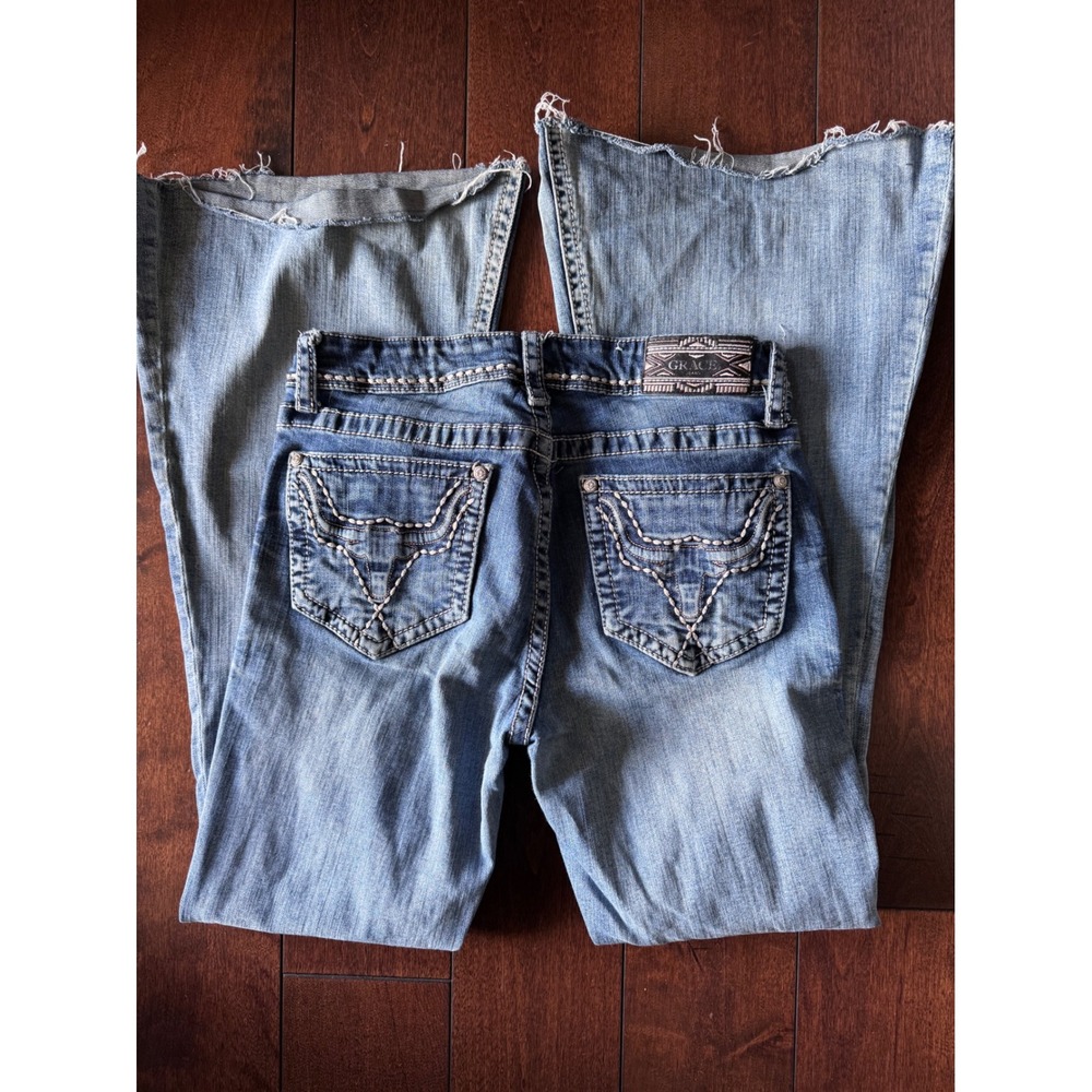 Grace in LA Women 27 Flare Jeans Medium Wash Embellished Raw Hem Western Rodeo